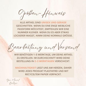 K&ouml;nnte beinhalten: Grafik mit deutschem Text, darunter "Gr&ouml;&szlig;en-Hinweis" und "Bearbeitung und Versand." Der Text erl&auml;utert Gr&ouml;&szlig;en, Unisex-Artikel und Bearbeitungszeiten von 1-5 Werktagen, mit Versand in 2-3 Tagen.