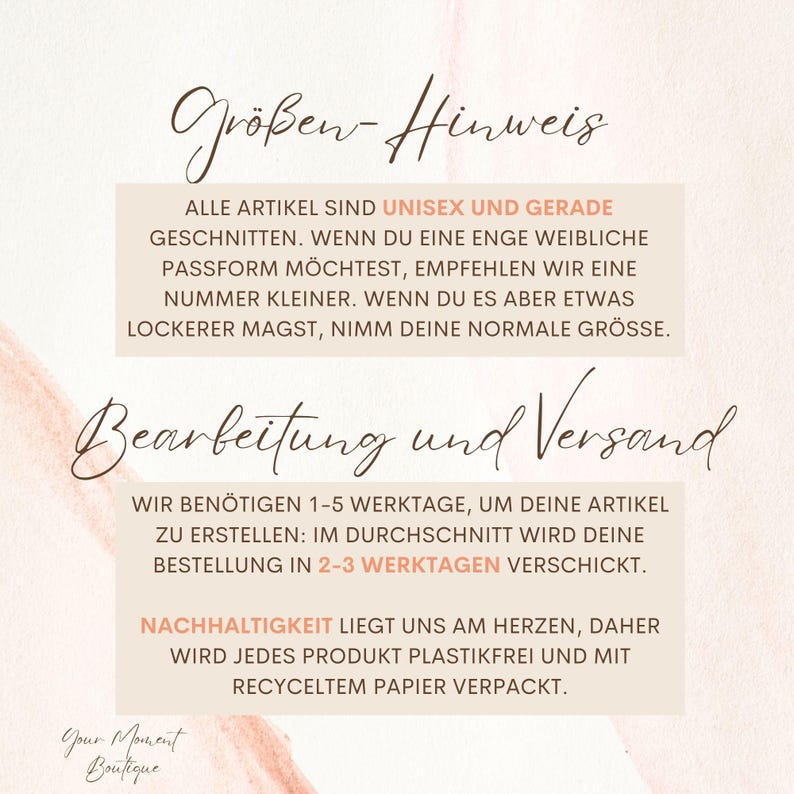 K&ouml;nnte beinhalten: Grafik mit deutschem Text, darunter "Gr&ouml;&szlig;en-Hinweis" und "Bearbeitung und Versand." Der Text erl&auml;utert Gr&ouml;&szlig;en, Unisex-Artikel und Bearbeitungszeiten von 1-5 Werktagen, mit Versand in 2-3 Tagen.