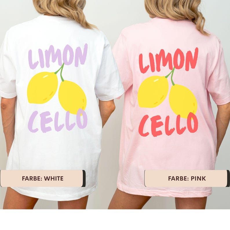 K&ouml;nnte beinhalten: Wei&szlig;e und rosa T-Shirts mit Zitronen-Design. Das wei&szlig;e Shirt hat einen lila "Limon Cello"-Aufdruck mit gelben Zitronen. Das rosa Shirt hat einen roten "Limon Cello"-Aufdruck mit gelben Zitronen. Die Shirts sind Freizeitkleidung.