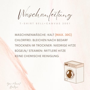 K&ouml;nnte beinhalten: Eine beige Grafik mit dem Text "Waschanleitung" und Waschanweisungen f&uuml;r ein T-Shirt. Die Anweisungen umfassen Maschinenw&auml;sche kalt (max. 30C), kein Bleichen, Trockner niedrige Hitze, B&uuml;geln mittlere Hitze und keine chemische Reinigung.