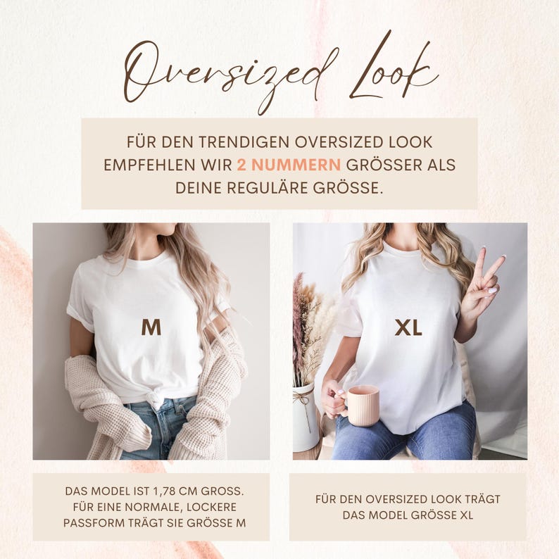 K&ouml;nnte beinhalten: Zwei wei&szlig;e T-Shirts, eines mit "M" und das andere mit "XL" markiert. Das Bild enth&auml;lt deutschen Text, der empfiehlt, zwei Gr&ouml;&szlig;en gr&ouml;&szlig;er f&uuml;r einen Oversized-Look zu w&auml;hlen. Das Model ist 1,78 cm gro&szlig; und tr&auml;gt Gr&ouml;&szlig;e M f&uuml;r eine normale Passform und XL f&uuml;r einen Oversized-Look.
