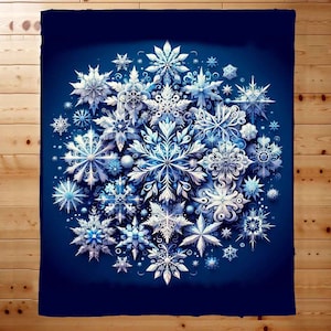 May include: A blue background with a cluster of white and blue snowflakes in the center. The snowflakes are intricately designed and have a 3D effect.