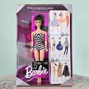 Barbie 35th Anniversary Re- Issue of Barbie 1959 year Brunnete Black White Swimsuit  Vintage Barbie Doll Ponytail Gift For Her Wife Sister