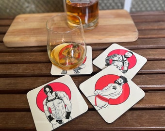 Coasters, BDSM HUNKS Set of 4 Gay Graphic Coasters
