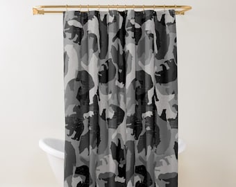 Bed and Bath, BEARLY CAMOU GREY Gay Graphic Shower Curtain, Bathmat, Towel