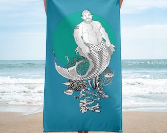 Beach, HUNKY MERMAN Gay Graphic Beach Towel