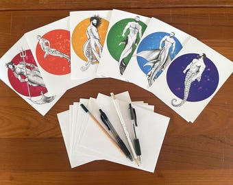 Greetings, RAINBOW MERMEN Set of 6 Cards