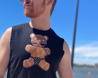 A Nutty Knotty Holiday----Gay Graphic Muscle Tee, GINGERBRED BALLGAG BEAR