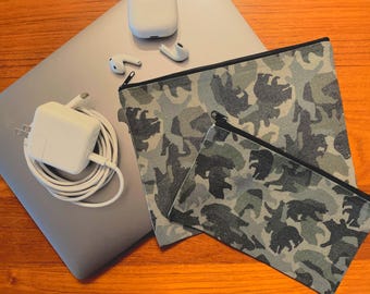 Travel, BEARLY CAMOUFLAGE GREEN Zipper Pouches