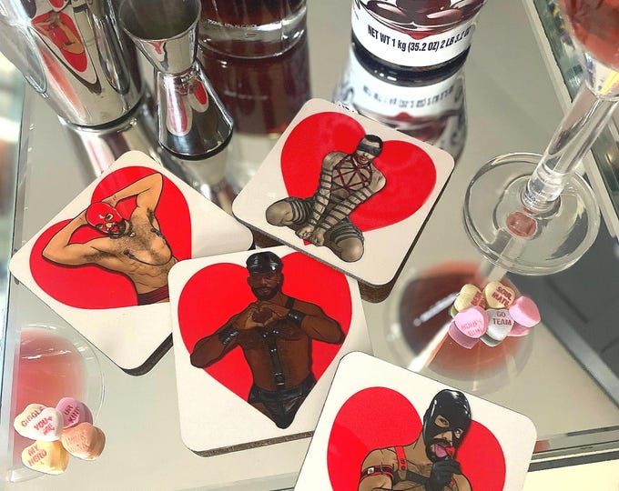 Featured listing image: Zaddy Valentine, HEARTBREAKERS Set of 4 Gay Graphic Coasters