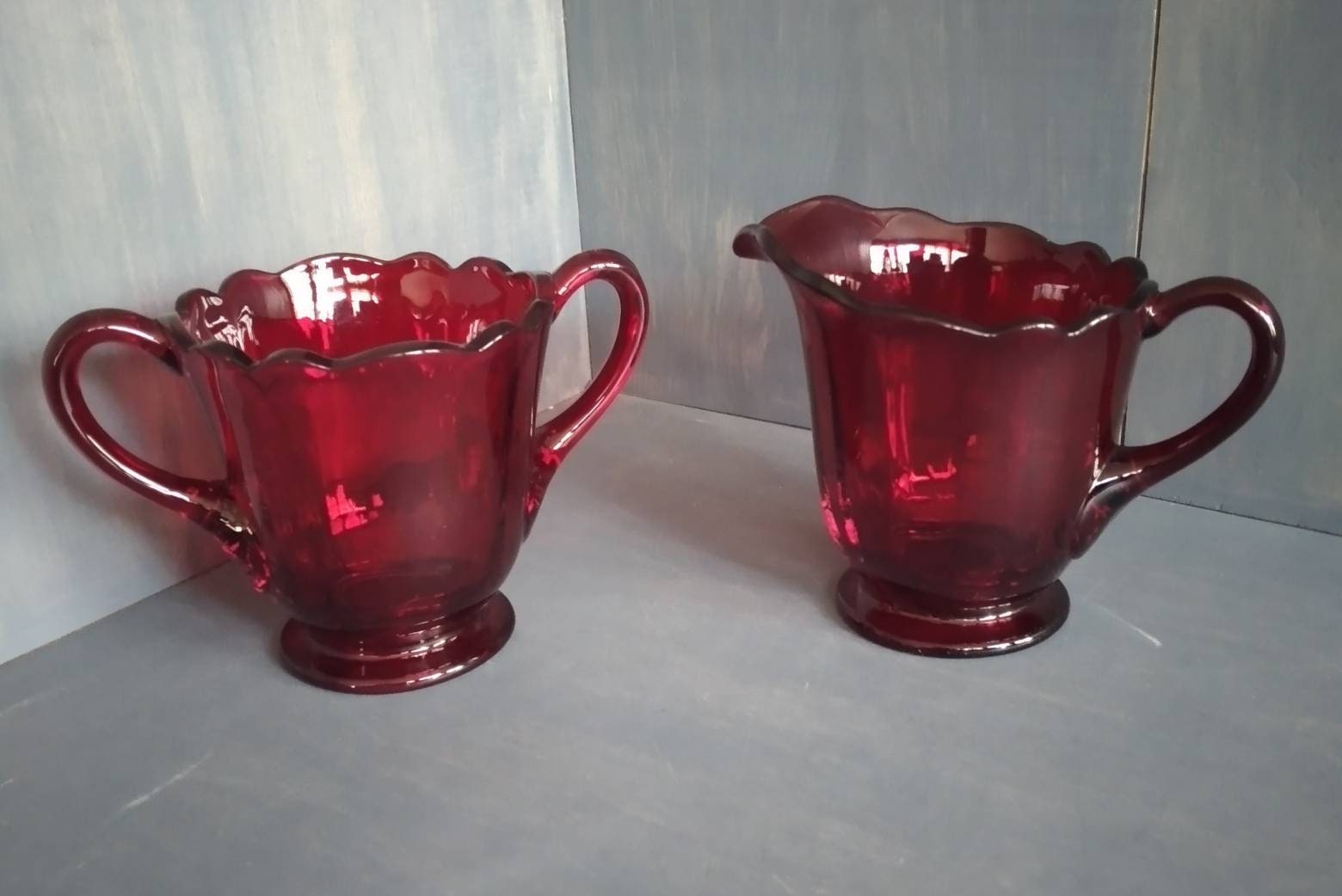 Vintage Ruby Red Glass Sugar and Creamer Set Etsy