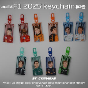 May include: A collection of F1 2025 keychains featuring portraits of various drivers. Each keychain has a rectangular design with a portrait, driver's name, and a colored clasp. The text "F1 2025 keychain" is at the top.