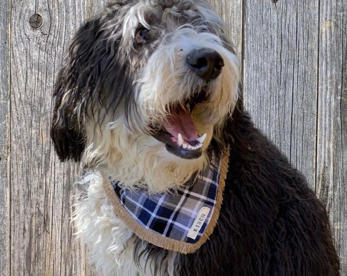 HAYRIDE-Personalized Dog BandanaOver the CollarBlue Flannel Plaid Dark DenimNatural FringeReversibleUnique Pet Accessory