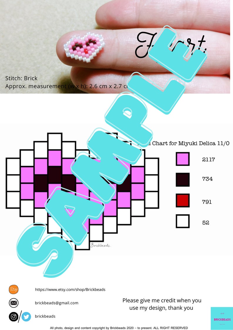 May include: A beading pattern chart for a pink heart with a black and white eye design. The chart is for Miyuki Delica 11/0 beads and includes colour codes for pink, black, red, and white beads. The chart is labelled "Sample" and includes the website address "https://www.etsy.com/shop/Brickbeads".