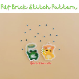 May include: Two small bead sprites, a green frog and a yellow bunny, are displayed on a light brown background.  The background is scattered with small blue beads.  The text "Pdf Brick Stitch Pattern" is at the top of the image and the text "@brickbeads" is at the bottom of the image.