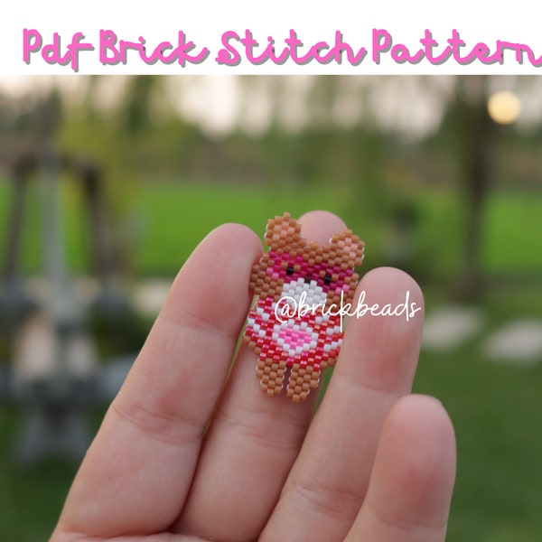 Bear with red heart shirt, Brick stitch pattern for Miyuki Delica, Beading Pattern, Bead Cute Charm, Instant download, PDF pattern