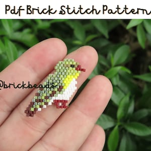 May include: A small green, yellow, white, and red beaded bird, created using brick stitch beading technique.