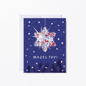 May include: Greeting card with a blue background and a Star of David design made of colorful squares. The words "MAZEL TOV!" are written in white. Silhouettes of people with raised hands are at the bottom.