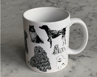 Illustrated Dog Mug with Poodle, Dachshund, Pug, Labrador
