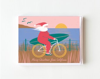 California Biking Surfer Santa Christmas Cards - Boxed Set