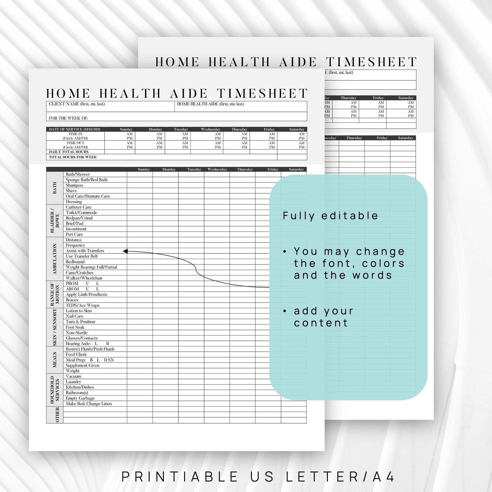 Printable Home Health Aide Timesheet Templates Editable Word Etsy Canada