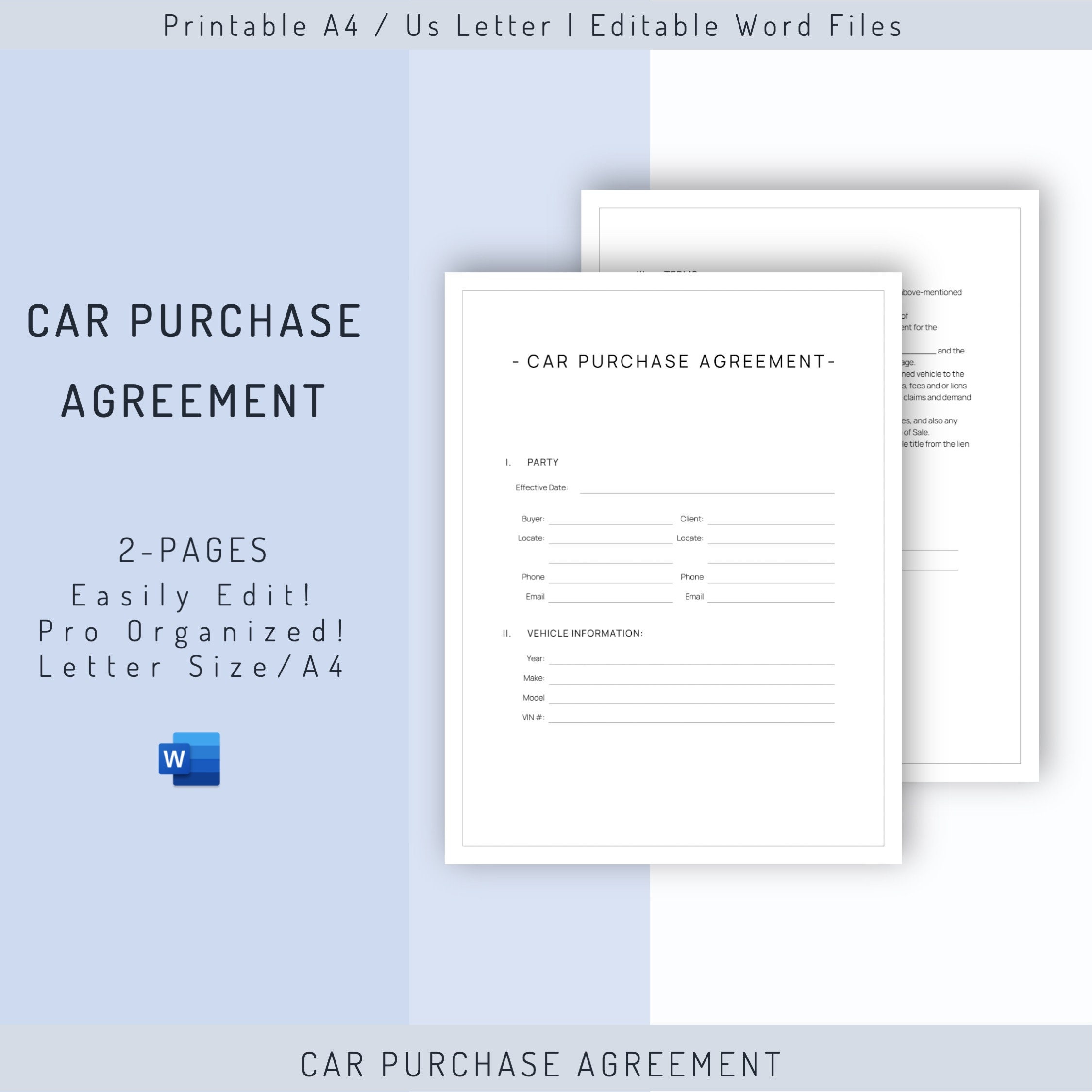 Editable Used Car Purchase Agreement Simple Contract Sample - Etsy