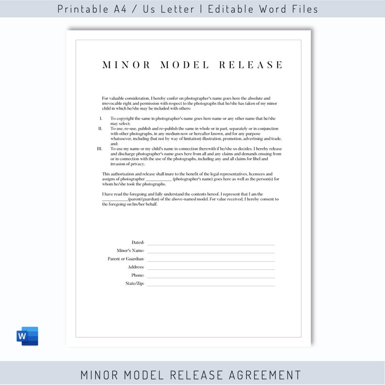 Editable Minor Model Release Form Simple General Release Etsy