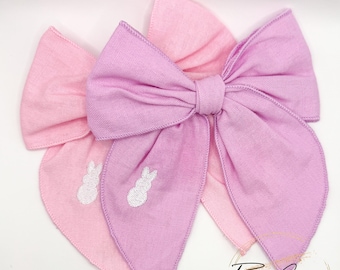 Bunny Embroidered Linen Hair Bow / Hand Tied Hair Bow / Easter Hair Bow