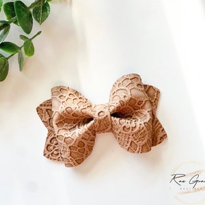 Tan Lace Smooth Faux Leather Hair Bow / Tan Hair Bow