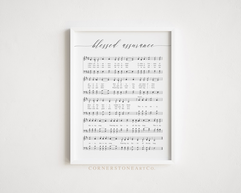 Hymn print image for Blessed Assurance with title and album-like styling.