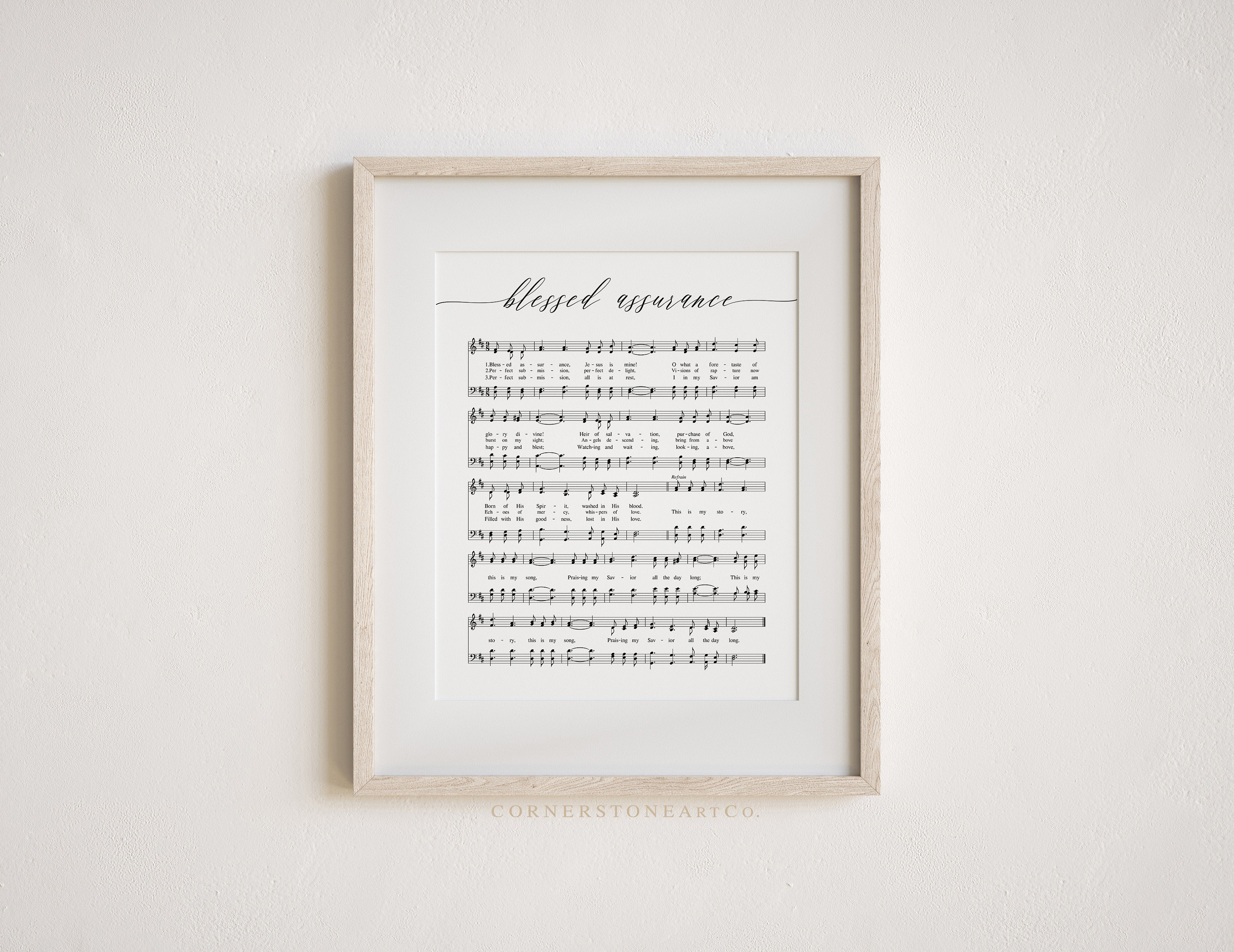 Blessed Assurance hymn sheet music print image labeled with hymn title and details.