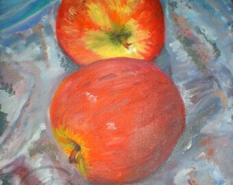 Blue Reflection, Oil Painting Print of Apples, 8"x10" Wall Art, with 11"x14" white mat. Art by Lisa Bloom