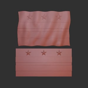 Könnte beinhalten: Eine rot-weiß-blaue Flagge mit drei Sternen und drei horizontalen Streifen. Die Flagge weht leicht und hat eine strukturierte Oberfläche.
