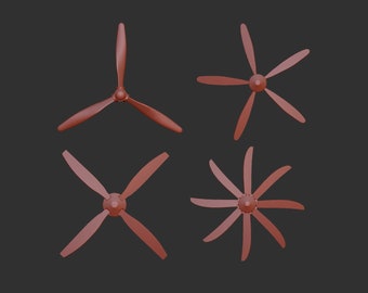 May include: Four wooden propellers in different sizes and configurations. The propellers are brown and have a slightly reddish hue. They are arranged in a symmetrical pattern against a dark gray background.