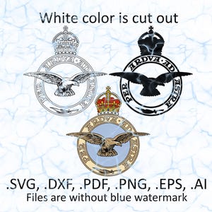 Puede incluir: Tres variaciones de un emblema circular con un pájaro, una corona y texto, incluyendo "ARDVA AD ASTRA". El texto "White color is cut out" está encima de los emblemas. La imagen también enumera tipos de archivos.