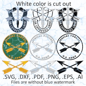 Op de afbeelding: Een verzameling Special Forces-emblemen in verschillende stijlen, waaronder gedetailleerde wapenschilden met zwaarden en pijlen, en cirkelvormige ontwerpen met gekruiste pijlen. Tekst bevat "DE OPPRESSO LIBER" en "U.S. ARMY". Bestandsformaten: .SVG, .DXF, .PDF, .PNG, .EPS, .AI.