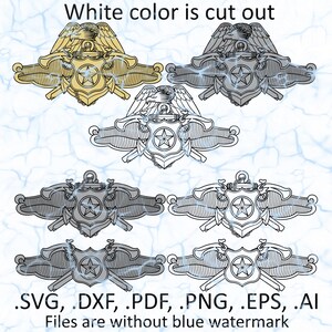 May include: Several detailed illustrations of a badge design in gold, silver, and white. The badge features a central star, wings, and other ornate elements. Text at the bottom states, "White color is cut out" and lists file formats: .SVG, .DXF, .PDF, .PNG, .EPS, .AI.