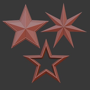 May include: Three brown star-shaped objects against a dark grey background. One is a solid five-pointed star with a raised border. Another is an eight-pointed star. The third is a five-pointed star outline.