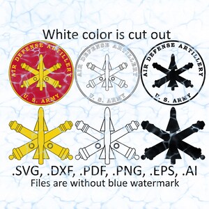 May include: A graphic design showcasing various versions of the Air Defense Artillery emblem. The emblems are in red, black, white, and yellow. Text includes "AIR DEFENSE ARTILLERY" and "U.S. ARMY". File formats: .SVG, .DXF, .PDF, .PNG, .EPS, .AI.
