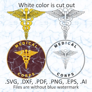 May include: Image features four versions of the Caduceus symbol, a medical emblem. Two are gold, one with a maroon background and the other with a white background. The other two are black and white. Text includes "MEDICAL CORPS" and file types.