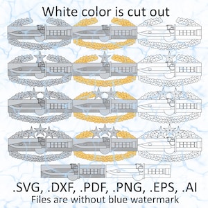 May include: A digital graphic featuring multiple silver and gold military badges with a knife and star design. The text "White color is cut out" and file type information are included. The files are without a blue watermark.