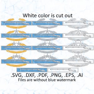 Peut inclure: Modèles de fichiers numériques avec des insignes militaires bleus, dorés et argentés. Les motifs comprennent des fusils, des étoiles et des couronnes. Le texte indique que la couleur blanche est découpée et répertorie les formats de fichiers : .SVG, .DXF, .PDF, .PNG, .EPS, .AI.