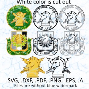 May include: A collection of military-themed graphics featuring a knight chess piece, lightning bolts, and text. The designs include the words "PSYCHOLOGICAL OPERATIONS", "U.S. ARMY", "PERSUADE CHANGE INFLUENCE". Available file formats are .SVG, .DXF, .PDF, .PNG, .EPS, and .AI.