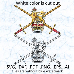 May include: A digital graphic of a heraldic emblem, featuring a lion, crown, and crossed swords. The top version is in color, with gold, red, and white. The bottom version is a black and white outline. Text states "White color is cut out."