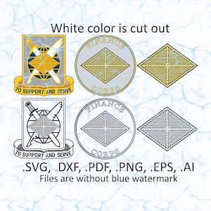 May include: Digital design files featuring military insignia, including a shield with crossed swords and the text "TO SUPPORT AND SERVE." Also includes Finance Corps emblems and various file formats: .SVG, .DXF, .PDF, .PNG, .EPS, .AI.