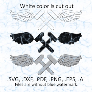 May include: Three variations of a winged hammer design are displayed. The top design is a white outline, the middle design is black with a lightning pattern, and the bottom design is gray. Text at the bottom indicates file formats: .SVG, .DXF, .PDF, .PNG, .EPS, .AI.
