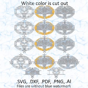 May include: A digital graphic featuring multiple medical emblem designs in silver and gold, with the text "White color is cut out." The image also includes file type notations: .SVG, .DXF, .PDF, .PNG, .AI. The text "Files are without blue watermark" is also present.