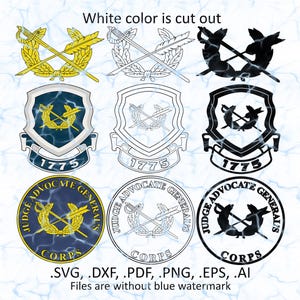 May include: A collection of nine different designs featuring military-style emblems. The designs include crossed swords and arrows, laurel wreaths, and the text "1775" and "Judge Advocate General's Corps". The image also includes file type information.