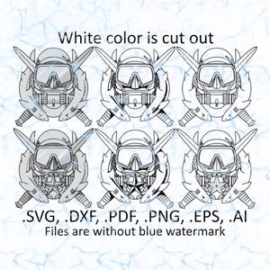 May include: A digital design featuring six stylized images of a diving mask with crossed swords. The text "White color is cut out" is above the images. Below are file format options: .SVG, .DXF, .PDF, .PNG, .EPS, .AI. The text "Files are without blue watermark" is also included.