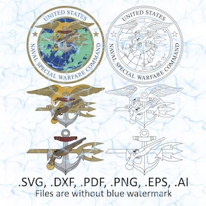 Puede incluir: Un conjunto de gráficos digitales con el emblema del United States Naval Special Warfare Command en versiones a color y de línea. El diseño incluye un águila, un ancla y un tridente. Texto: UNITED STATES NAVAL SPECIAL WARFARE COMMAND. .SVG, .DXF, .PDF, .PNG, .EPS, .AI. Los archivos no tienen marca de agua azul.